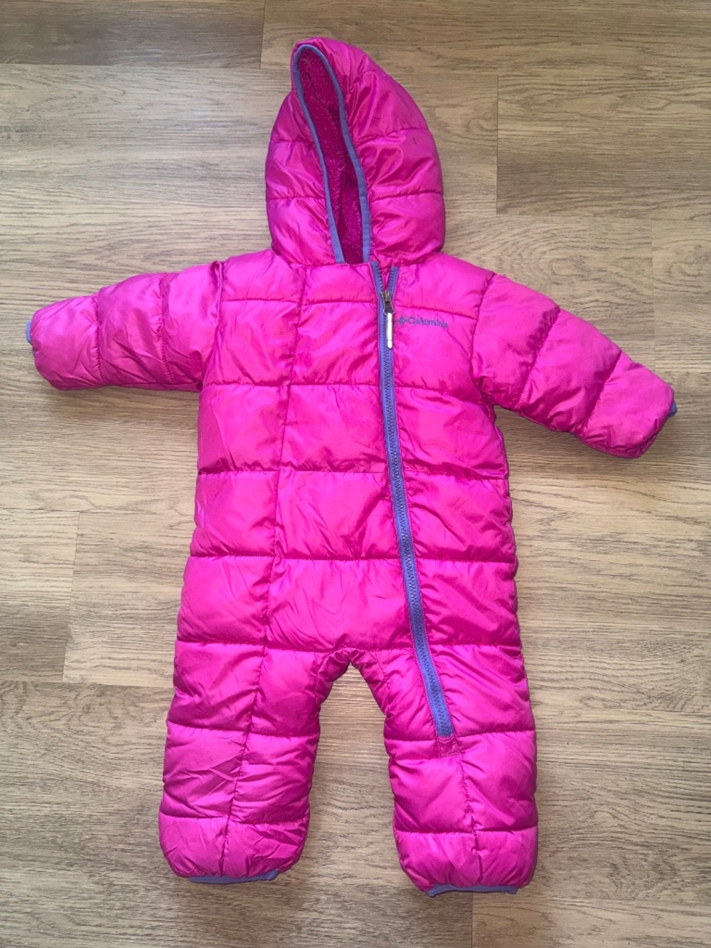 Columbia Baby Girls Pink Puffer Snowsuit 6-12M Fleece Lined Hooded Bunting